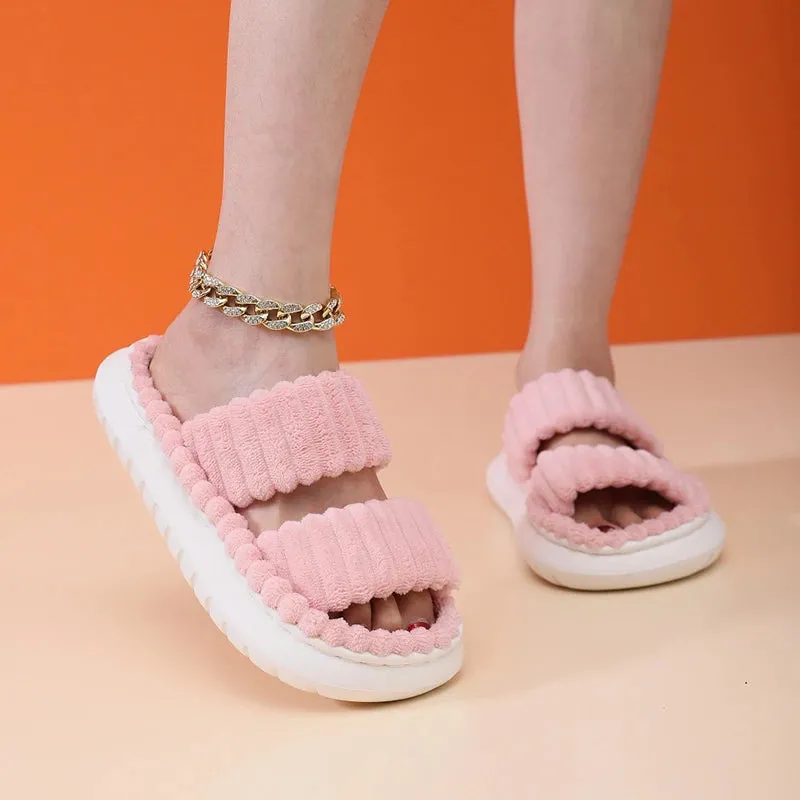 2023 Autumn Winter New Women Home Slippers Open-Toe Cross Band Linen Soled Indoor Slides Linen Soled Non-Slip Bathroom Slippers