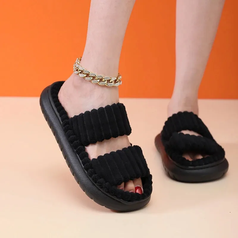 2023 Autumn Winter New Women Home Slippers Open-Toe Cross Band Linen Soled Indoor Slides Linen Soled Non-Slip Bathroom Slippers