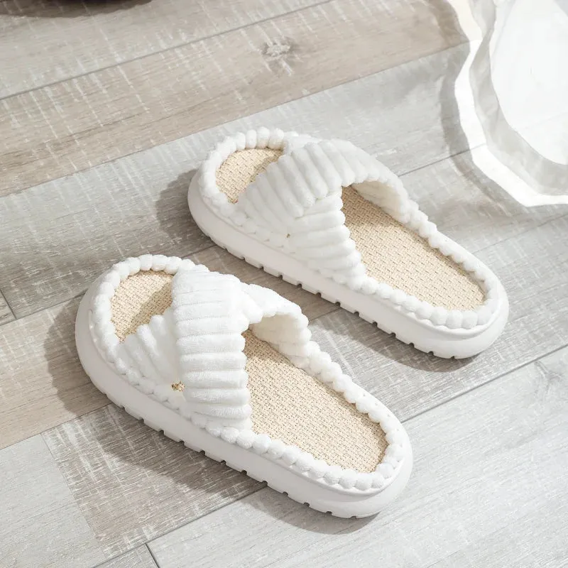 2023 Autumn Winter New Women Home Slippers Open-Toe Cross Band Linen Soled Indoor Slides Linen Soled Non-Slip Bathroom Slippers