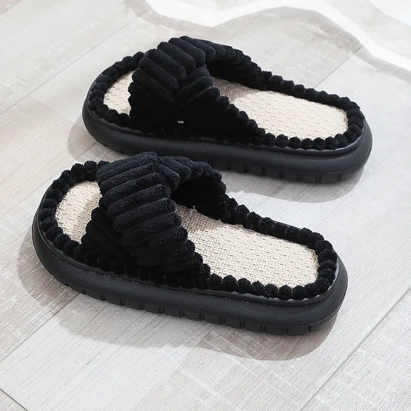 2023 Autumn Winter New Women Home Slippers Open-Toe Cross Band Linen Soled Indoor Slides Linen Soled Non-Slip Bathroom Slippers