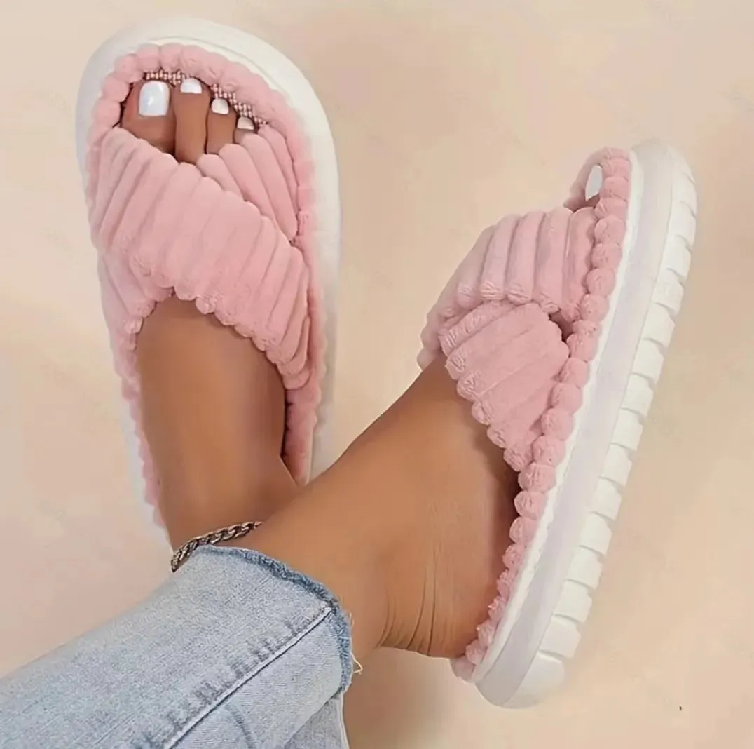 2023 Autumn Winter New Women Home Slippers Open-Toe Cross Band Linen Soled Indoor Slides Linen Soled Non-Slip Bathroom Slippers