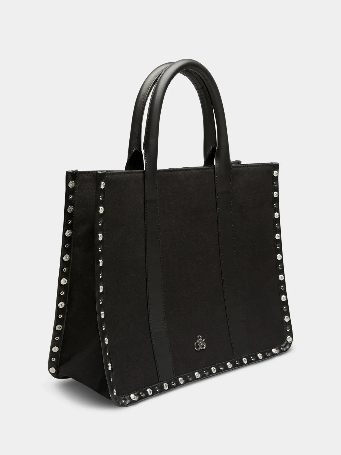Canvas shopper with studs and leather trimming