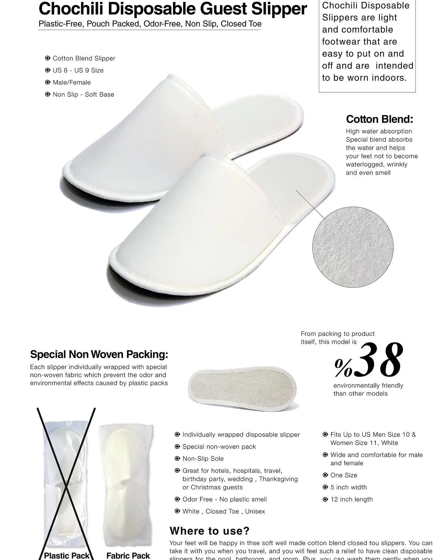 Chochili 500 Pairs Fabric Packed Terry Cotton Disposable Bulk Hotel Slippers for Airbnb Spa Wedding Guests Adult Men Women Size 10-11, White