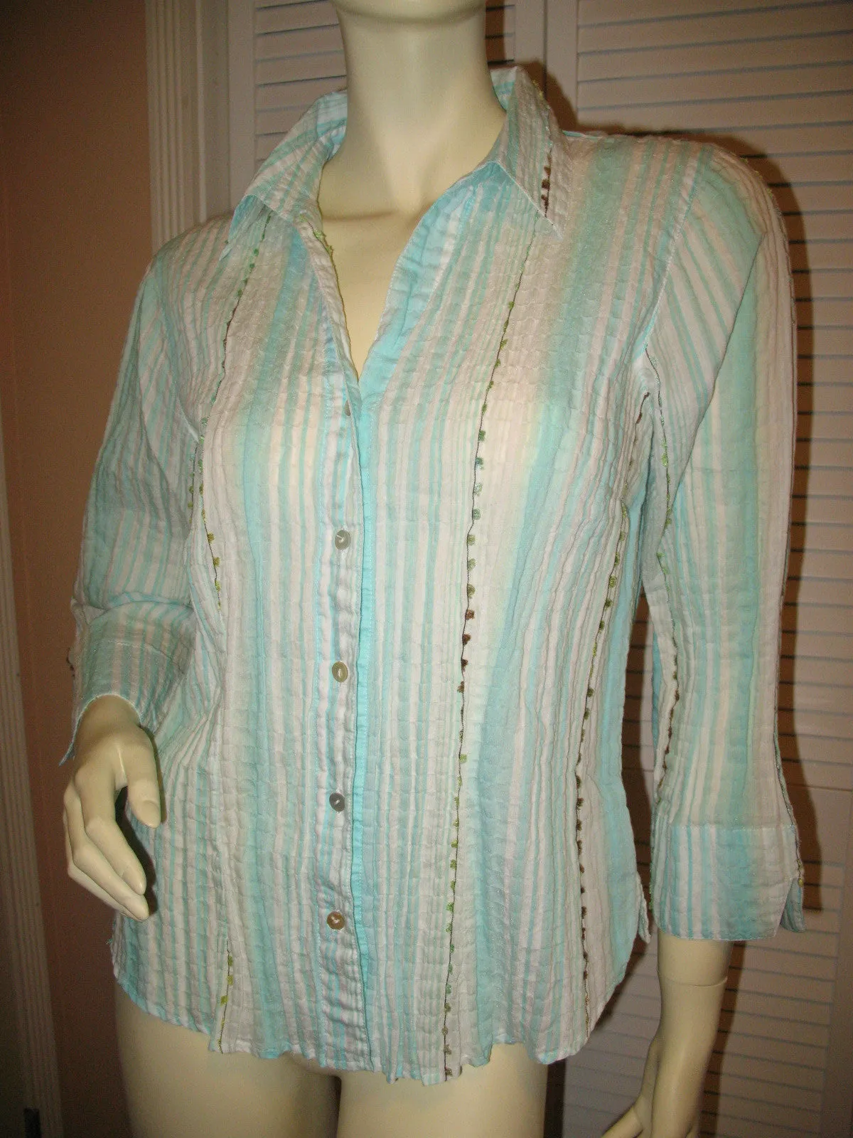 COLDWATER CREEK Womens Tops BLUE WHITE STRIPE STRIPED Collar Collared Button Down 3/4 Sleeve TOP Medium