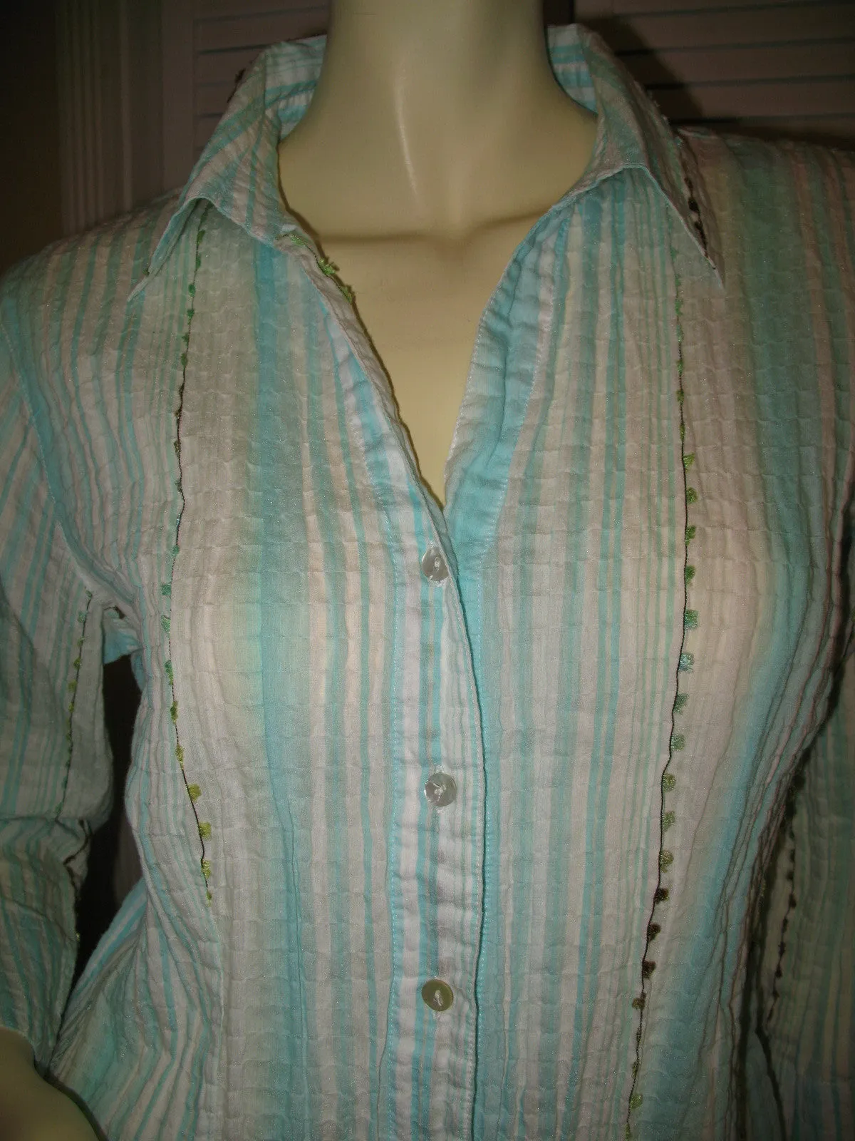COLDWATER CREEK Womens Tops BLUE WHITE STRIPE STRIPED Collar Collared Button Down 3/4 Sleeve TOP Medium