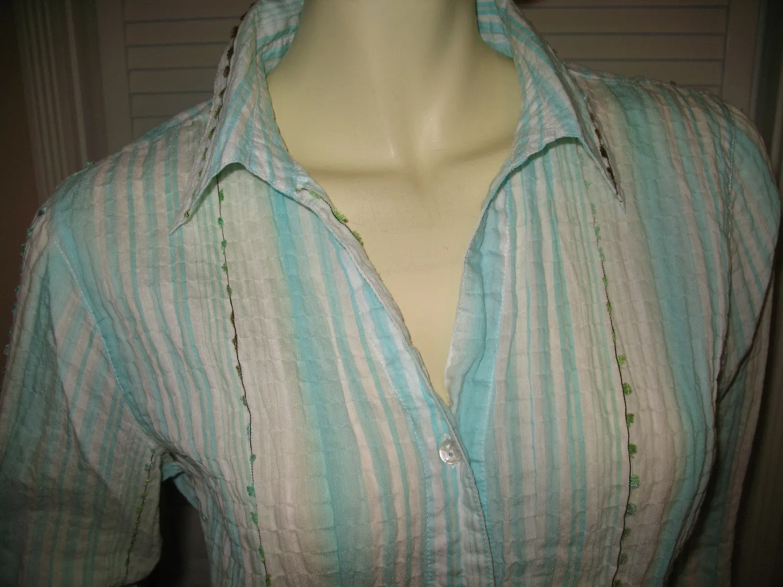 COLDWATER CREEK Womens Tops BLUE WHITE STRIPE STRIPED Collar Collared Button Down 3/4 Sleeve TOP Medium