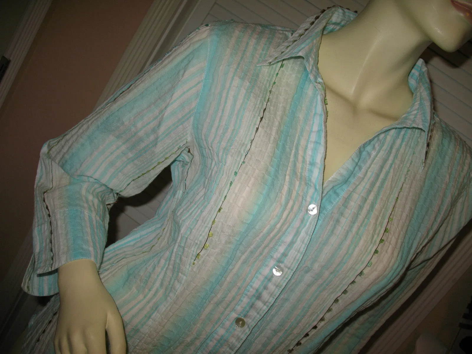 COLDWATER CREEK Womens Tops BLUE WHITE STRIPE STRIPED Collar Collared Button Down 3/4 Sleeve TOP Medium