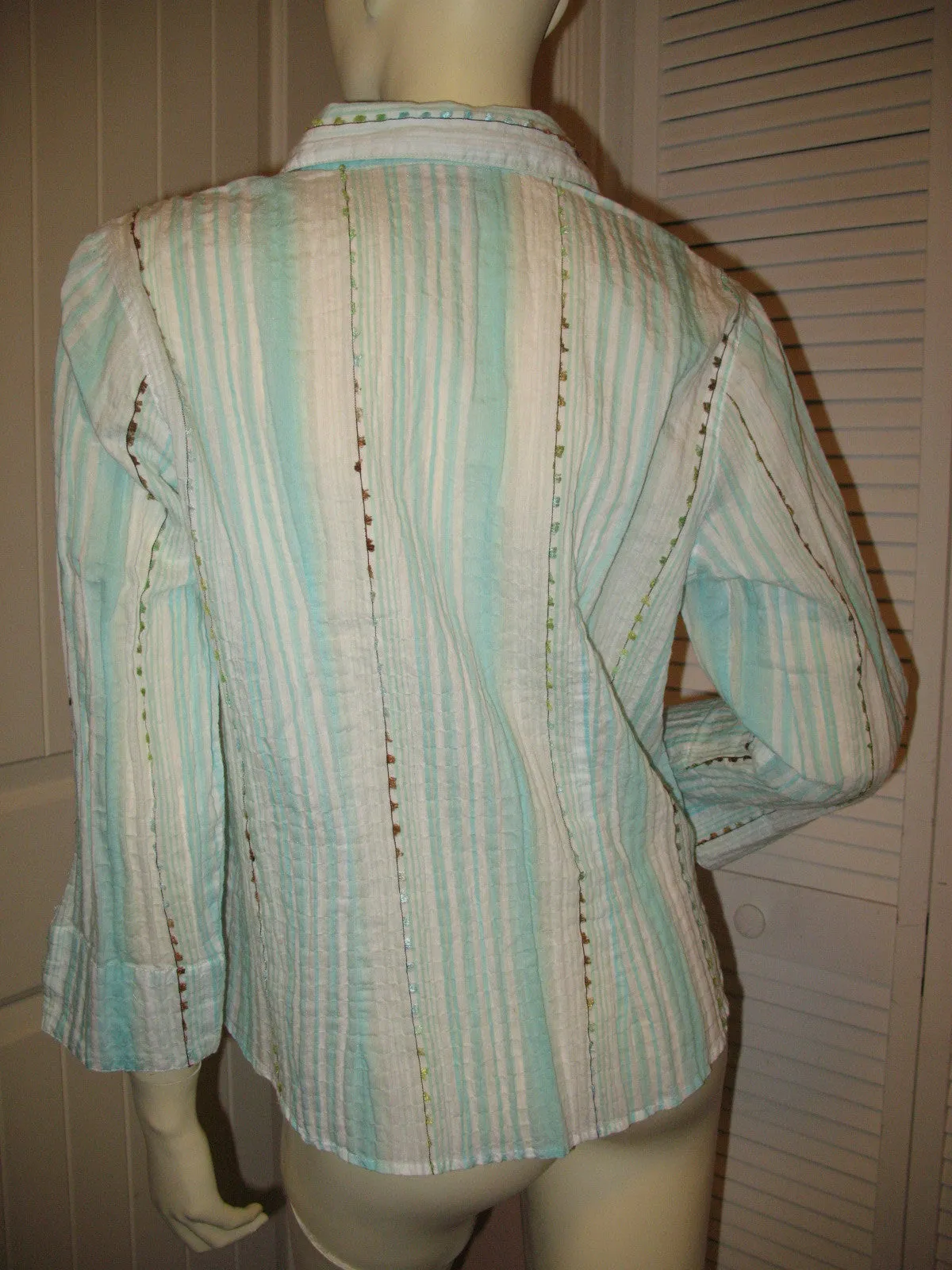 COLDWATER CREEK Womens Tops BLUE WHITE STRIPE STRIPED Collar Collared Button Down 3/4 Sleeve TOP Medium