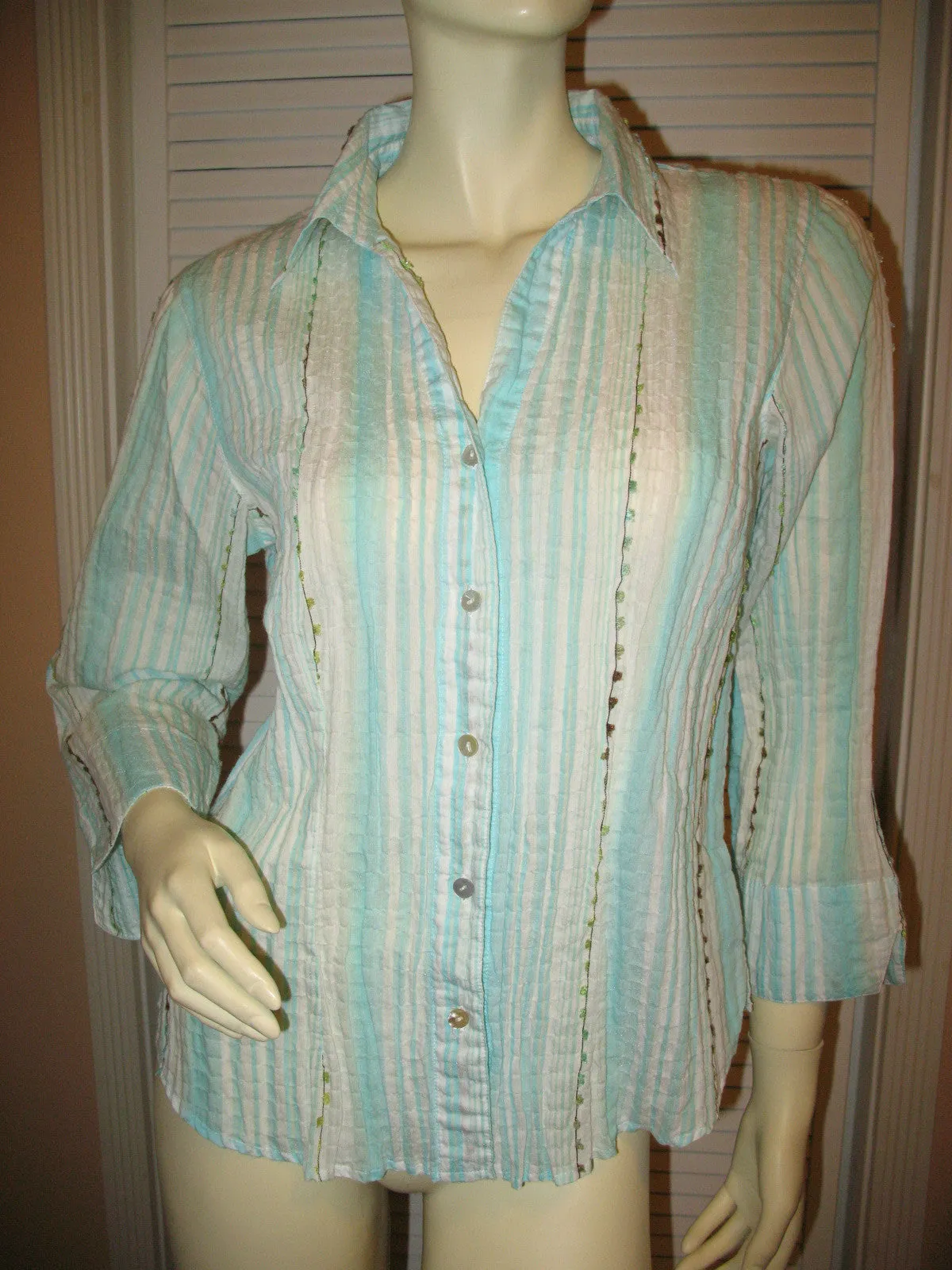 COLDWATER CREEK Womens Tops BLUE WHITE STRIPE STRIPED Collar Collared Button Down 3/4 Sleeve TOP Medium