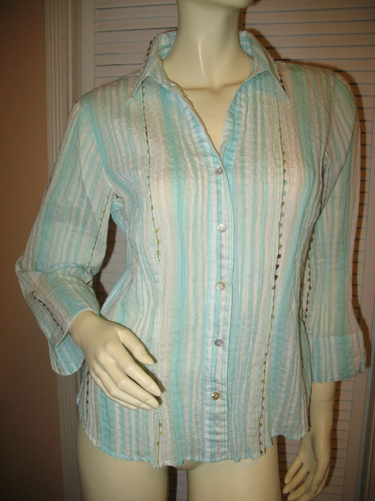 COLDWATER CREEK Womens Tops BLUE WHITE STRIPE STRIPED Collar Collared Button Down 3/4 Sleeve TOP Medium