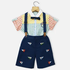 Colorful Checked Shirt T-Shirt & Blue Shorts With Suspender Set