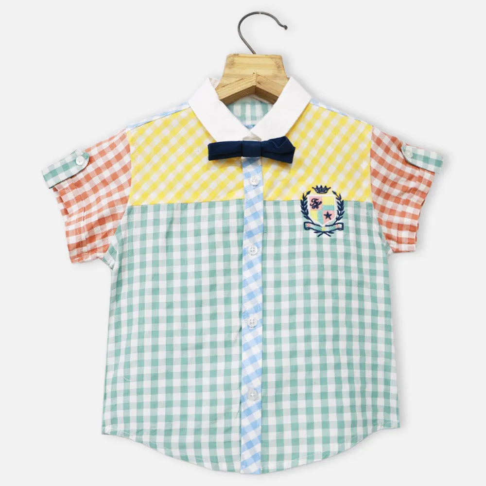 Colorful Checked Shirt T-Shirt & Blue Shorts With Suspender Set