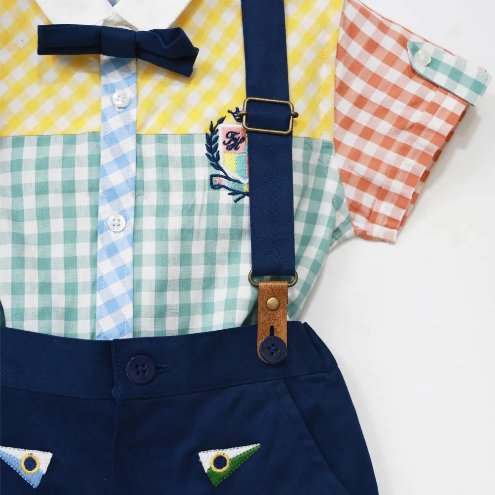 Colorful Checked Shirt T-Shirt & Blue Shorts With Suspender Set