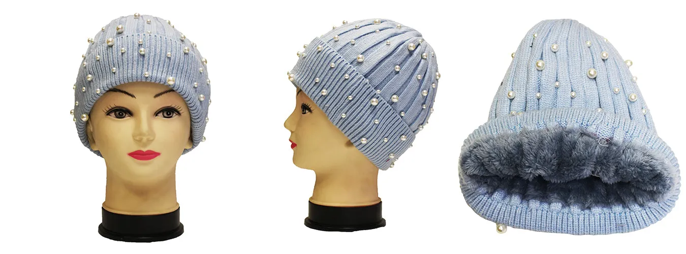Fleece Lined Pearl Knit Hat-HT1903