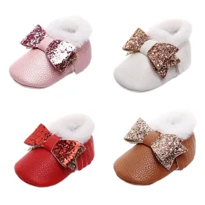 Furry Glitter Bow Moccasins