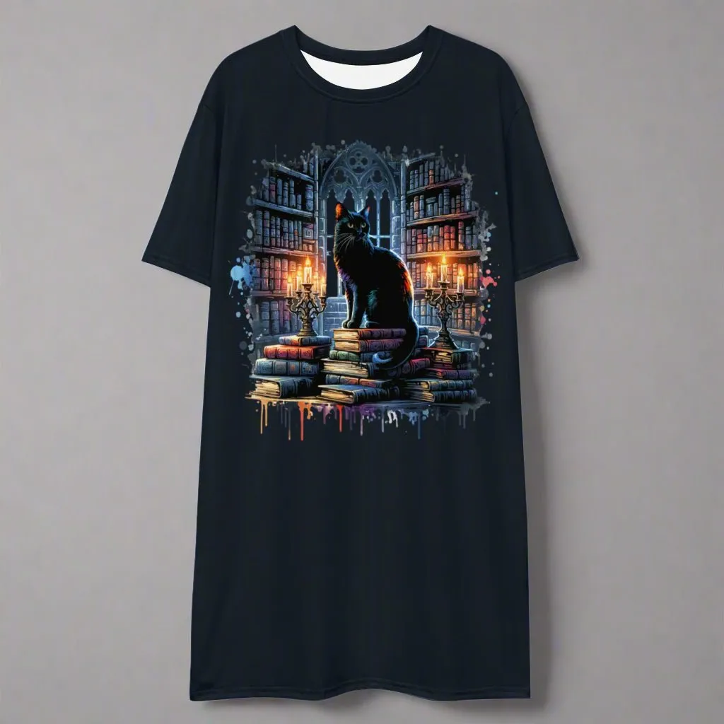 Gothic Library Cat Oversized T-shirt Dress 2XS-6XL