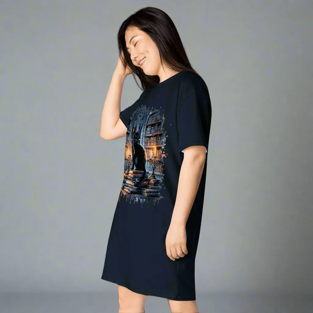 Gothic Library Cat Oversized T-shirt Dress 2XS-6XL