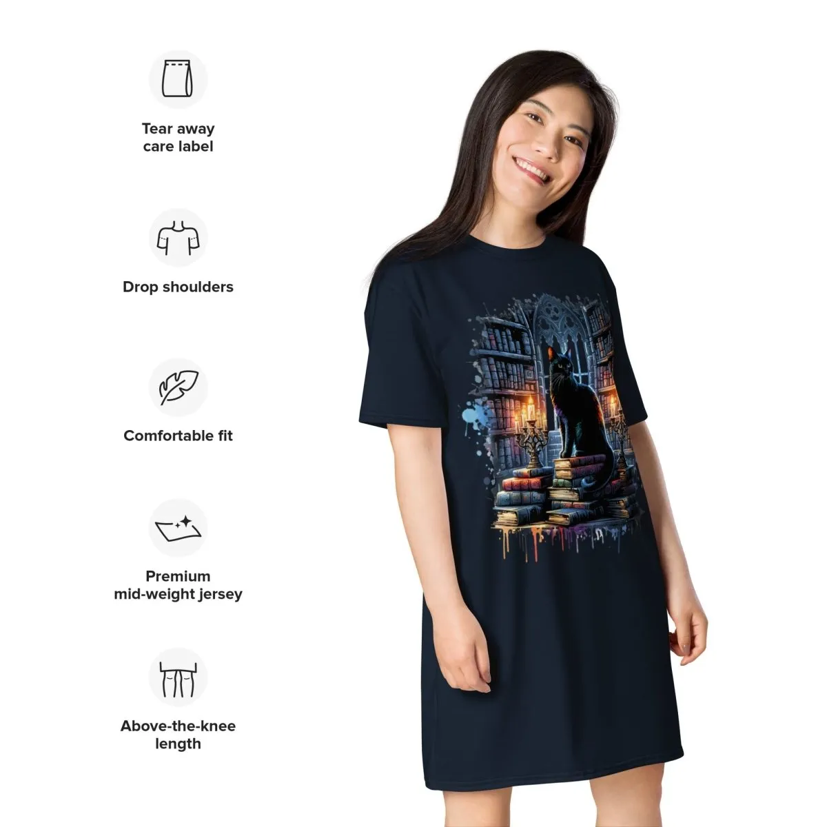 Gothic Library Cat Oversized T-shirt Dress 2XS-6XL