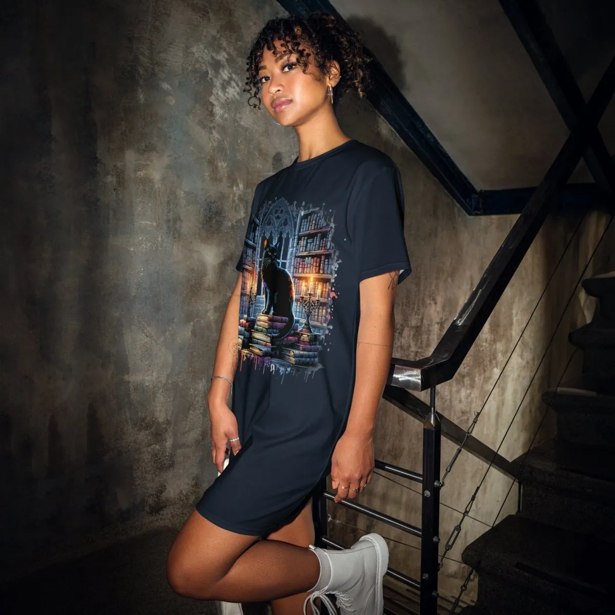 Gothic Library Cat Oversized T-shirt Dress 2XS-6XL