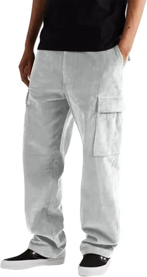 Men's Cargo Work Pants Mens Autumn and Winter Solid Color Corduroy Multi Pocket Straight Pants Pantalones para Hombre