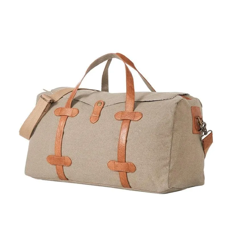 Mona B - Brown 100% Cotton Canvas Duffel Gym Travel and Sports Bag with Outside Zippered Pocket and Stylish Design for Men and Women