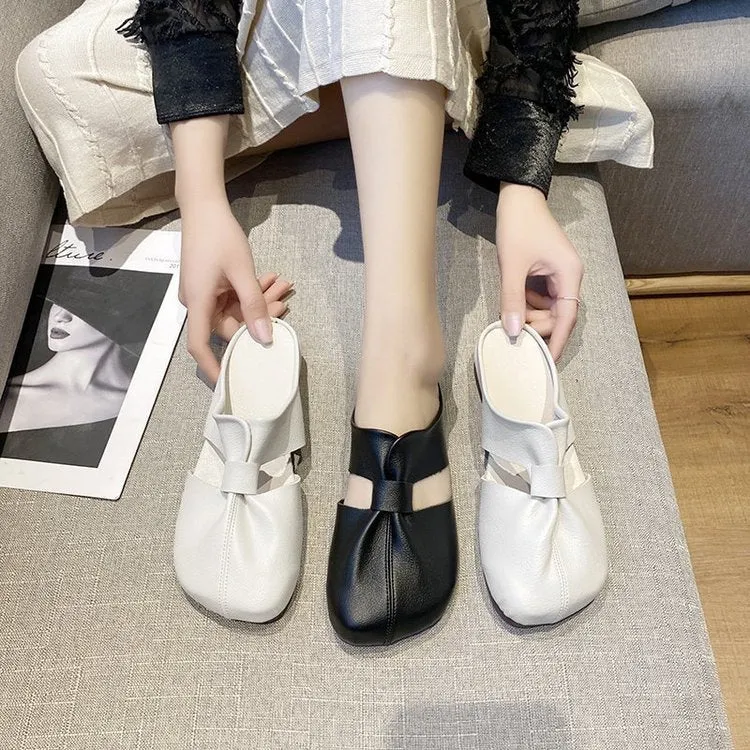 Wholesale women wear soft bottom baotou half slippers hollow pleated sandals