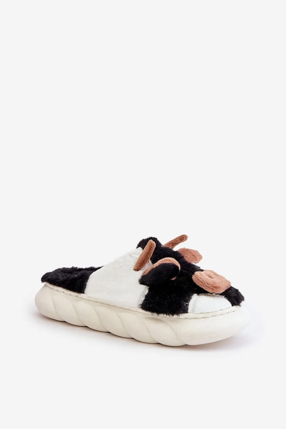 Women's black cow motif soft-textured slippers